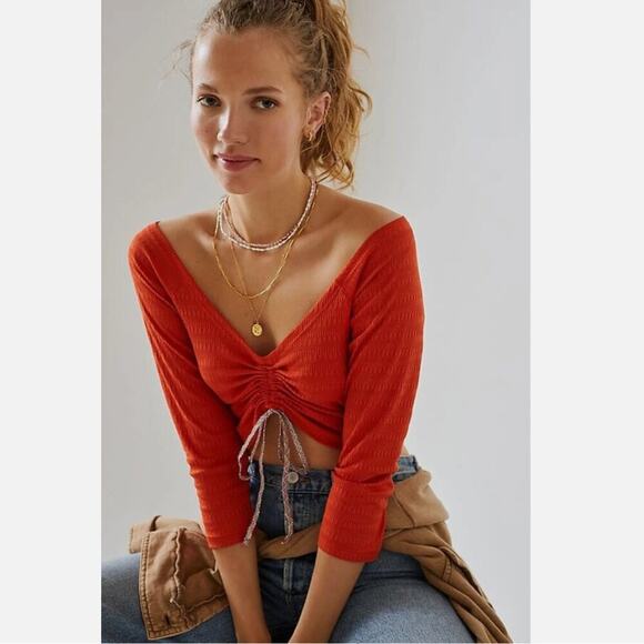 Anthropologie Tops - Anthropologie Red Orange Ribbed Drawstring Crop Top